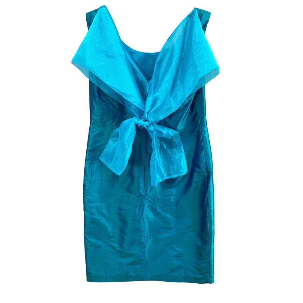 Connie Roberson Dress Sz 4 Teal‎ 100% Silk Bow Neck Sheath
